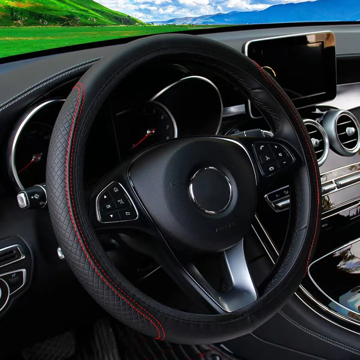 Fibre Embossed Car Steering Wheel Cover for 14.5-15Inches