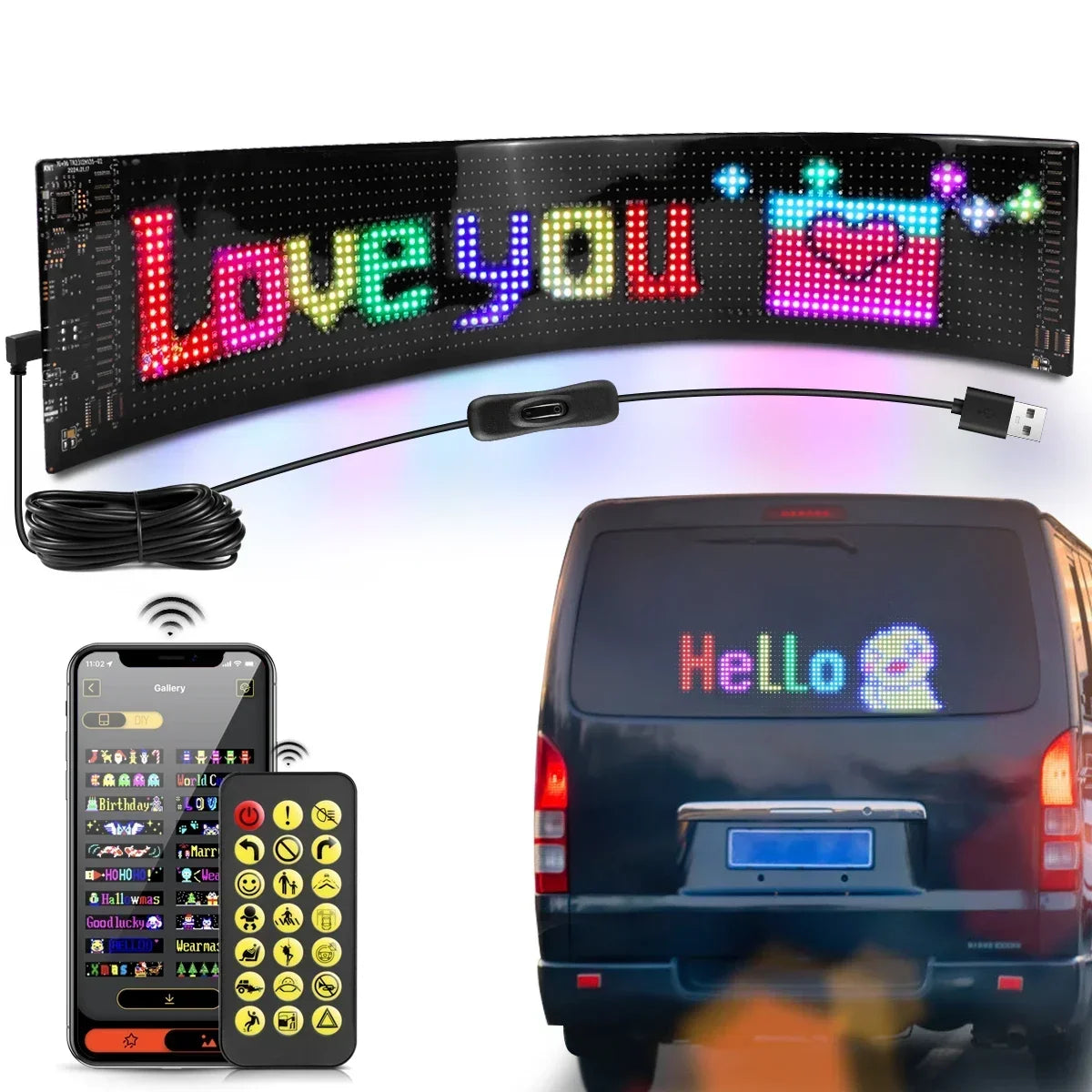 LED Sign Car Scrolling Advertising USB 5V Bluetooth App Control Logo Light Custom Text Pattern Animation Programmable Display - TheMotoringShow