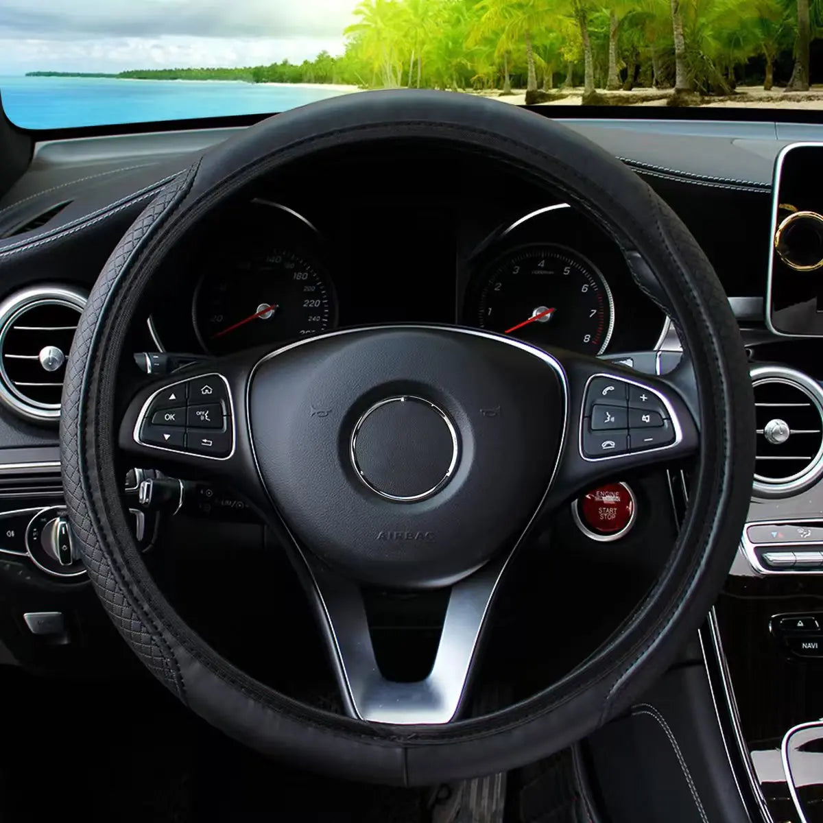 Fibre Embossed Car Steering Wheel Cover for 14.5-15Inches