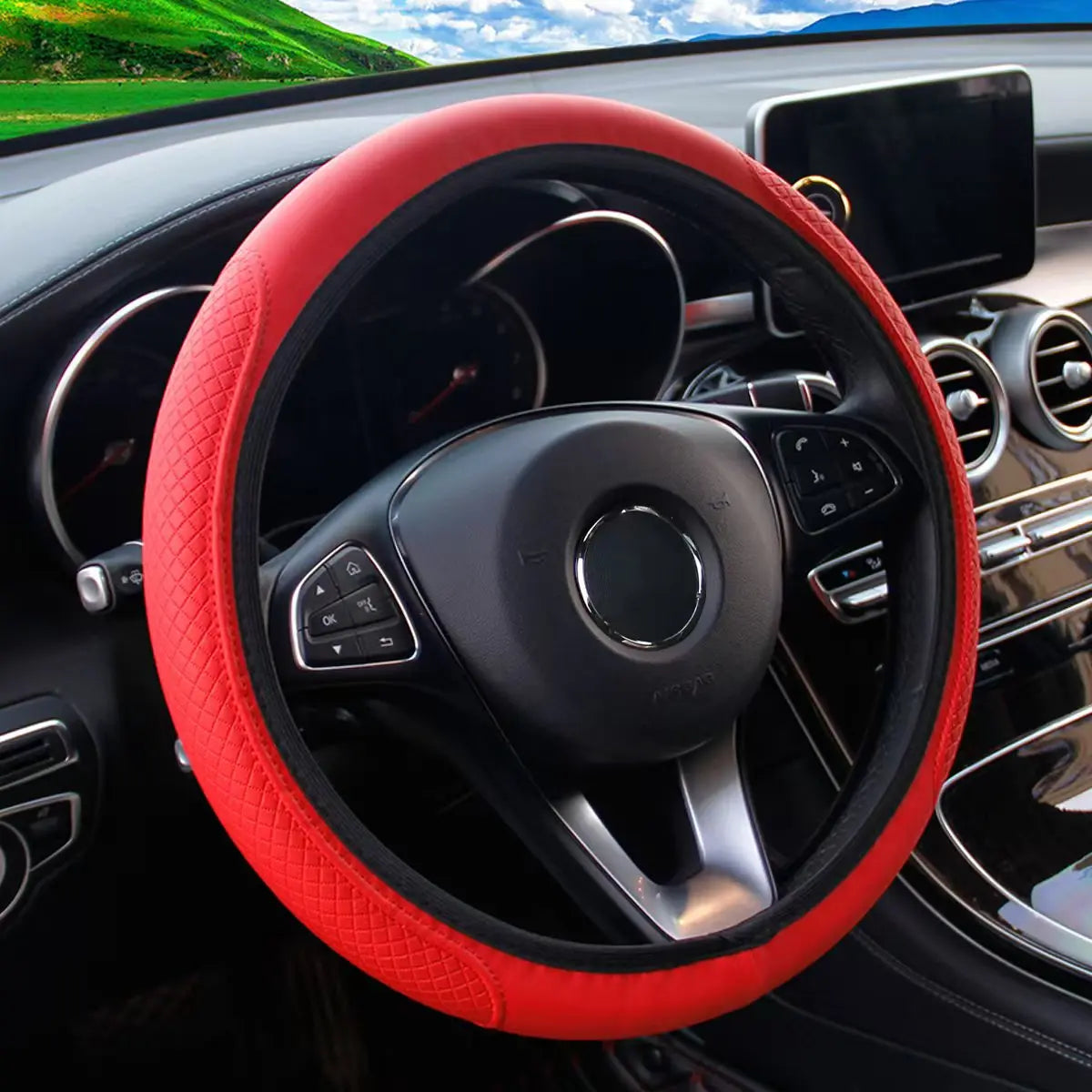 Fibre Embossed Car Steering Wheel Cover for 14.5-15Inches