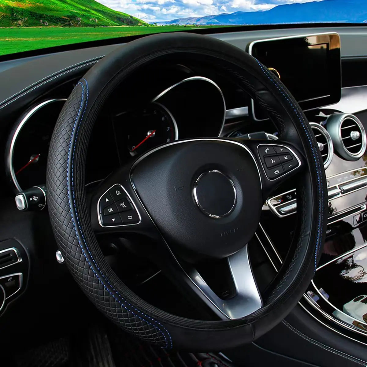 Fibre Embossed Car Steering Wheel Cover for 14.5-15Inches