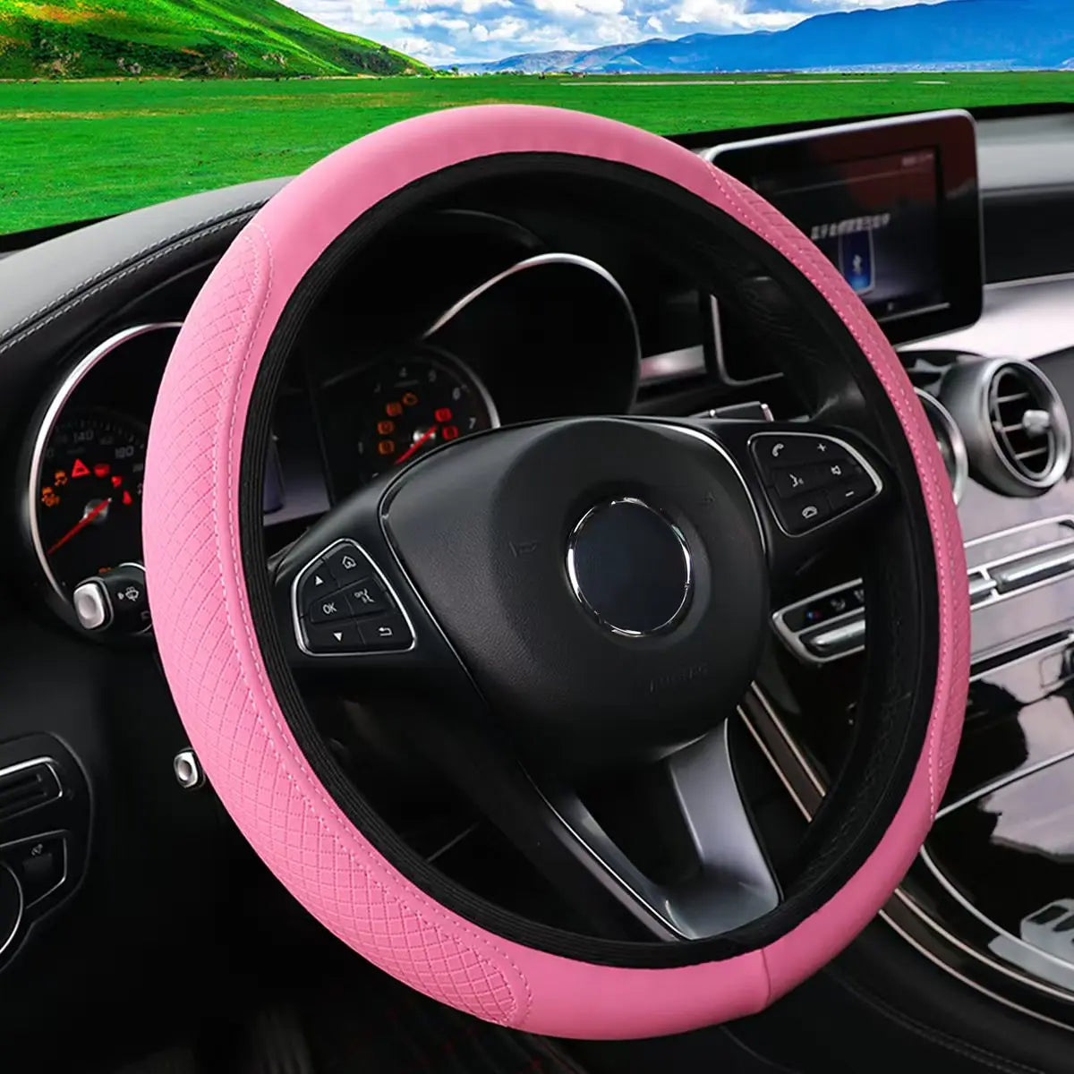 Fibre Embossed Car Steering Wheel Cover for 14.5-15Inches